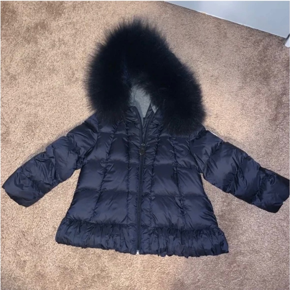 Moncler Black Girls Puffer Coat with Fur-Trimmed Hood